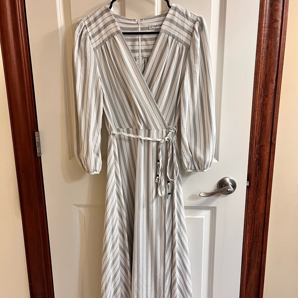 Calvin Klein Gray Striped Long Sleeve Dress